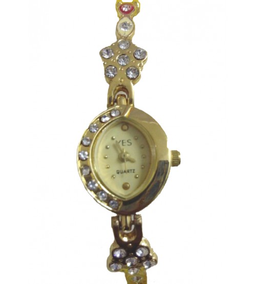 Round Shape Designer Dial Ladies Wrist Watch, Analog Quartz Watch, American Diamond Crafted Chain, Gold and Yellow Color